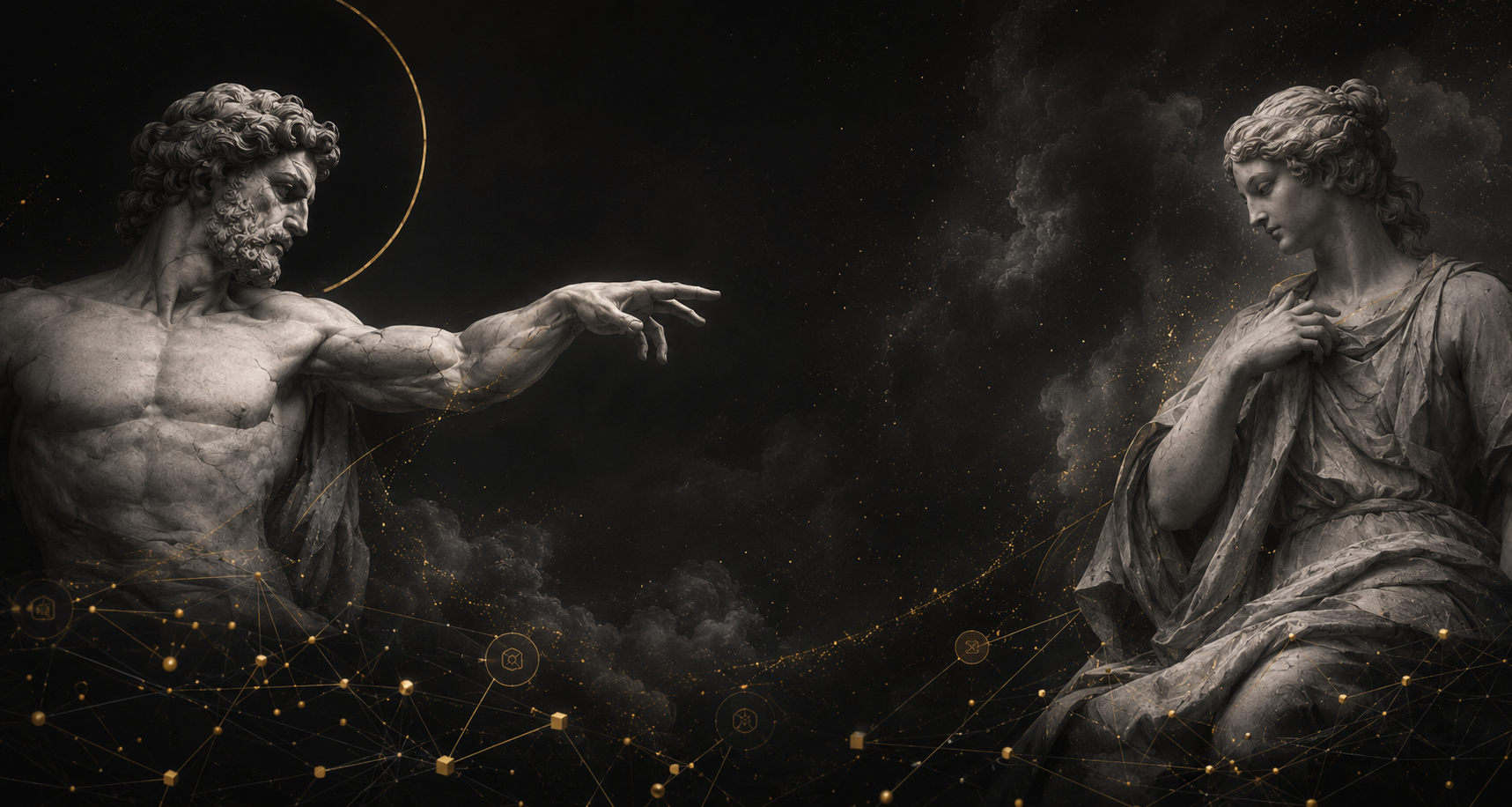 BounceBit ecosystem panorama: two classical sculptures connected by a network of gold nodes representing custody, chain, applications and wallet layers.